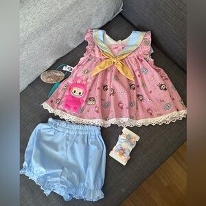 New Labubu Handmade Cotton Jumper Dress Sailors Collar 3pcs Set kids Sz 2T